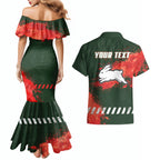 Personalised South Sydney Rabbitohs Rugby Couples Matching Mermaid Dress and Hawaiian Shirt Rabbits Mascot - Sporty Splash Art Style