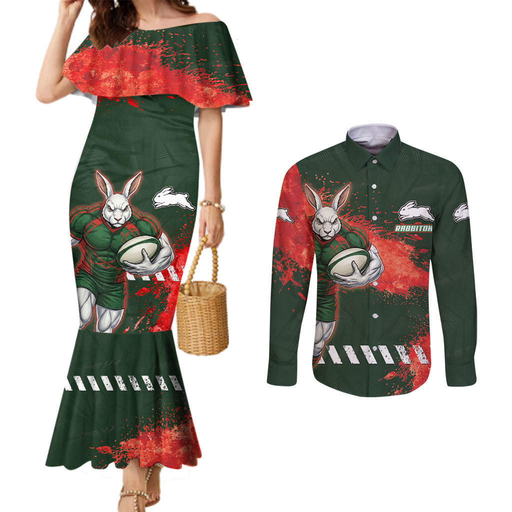 Personalised South Sydney Rabbitohs Rugby Couples Matching Mermaid Dress and Long Sleeve Button Shirt Rabbits Mascot - Sporty Splash Art Style