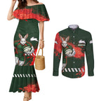 Personalised South Sydney Rabbitohs Rugby Couples Matching Mermaid Dress and Long Sleeve Button Shirt Rabbits Mascot - Sporty Splash Art Style