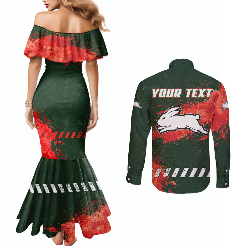 Personalised South Sydney Rabbitohs Rugby Couples Matching Mermaid Dress and Long Sleeve Button Shirt Rabbits Mascot - Sporty Splash Art Style