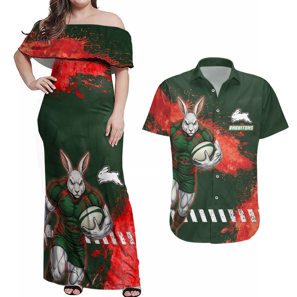 Personalised South Sydney Rabbitohs Rugby Couples Matching Off Shoulder Maxi Dress and Hawaiian Shirt Rabbits Mascot - Sporty Splash Art Style