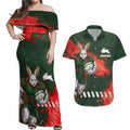 Personalised South Sydney Rabbitohs Rugby Couples Matching Off Shoulder Maxi Dress and Hawaiian Shirt Rabbits Mascot - Sporty Splash Art Style