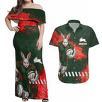 Personalised South Sydney Rabbitohs Rugby Couples Matching Off Shoulder Maxi Dress and Hawaiian Shirt Rabbits Mascot - Sporty Splash Art Style