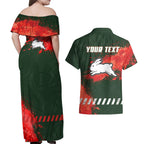 Personalised South Sydney Rabbitohs Rugby Couples Matching Off Shoulder Maxi Dress and Hawaiian Shirt Rabbits Mascot - Sporty Splash Art Style