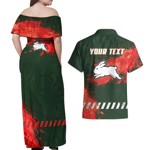 Personalised South Sydney Rabbitohs Rugby Couples Matching Off Shoulder Maxi Dress and Hawaiian Shirt Rabbits Mascot - Sporty Splash Art Style