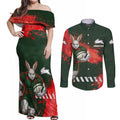 Personalised South Sydney Rabbitohs Rugby Couples Matching Off Shoulder Maxi Dress and Long Sleeve Button Shirt Rabbits Mascot - Sporty Splash Art Style