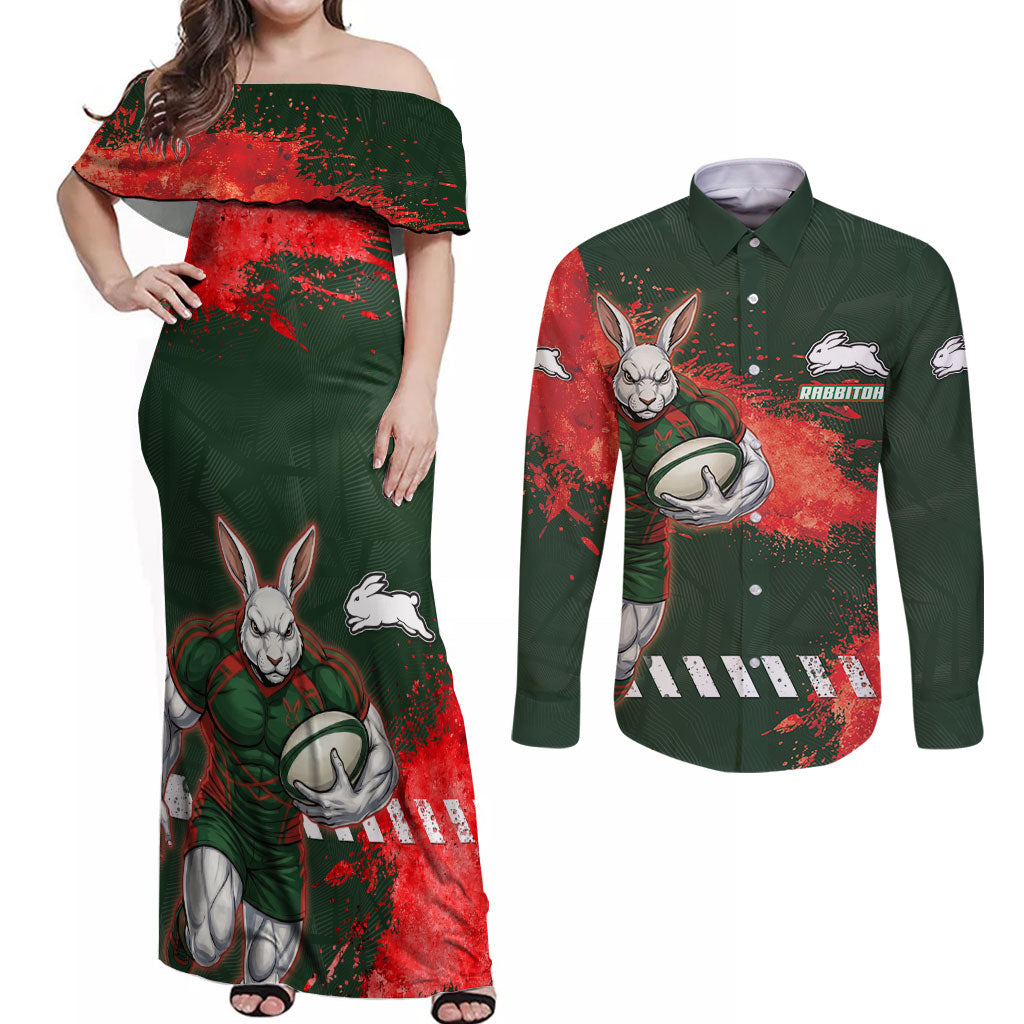 Personalised South Sydney Rabbitohs Rugby Couples Matching Off Shoulder Maxi Dress and Long Sleeve Button Shirt Rabbits Mascot - Sporty Splash Art Style