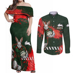 Personalised South Sydney Rabbitohs Rugby Couples Matching Off Shoulder Maxi Dress and Long Sleeve Button Shirt Rabbits Mascot - Sporty Splash Art Style
