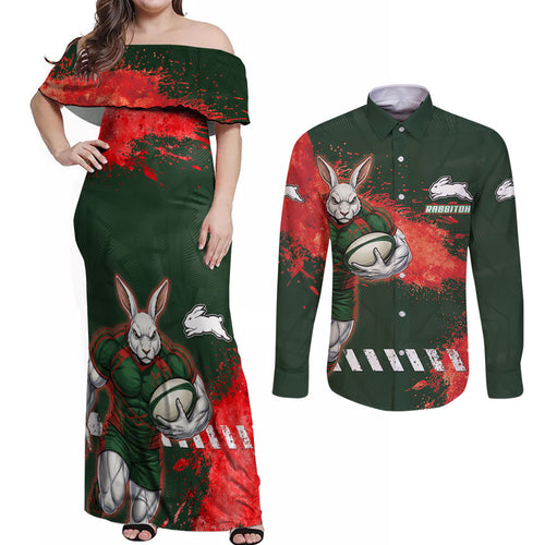 Personalised South Sydney Rabbitohs Rugby Couples Matching Off Shoulder Maxi Dress and Long Sleeve Button Shirt Rabbits Mascot - Sporty Splash Art Style