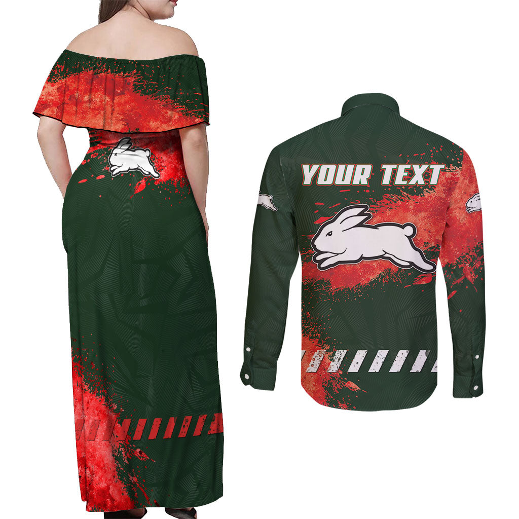 Personalised South Sydney Rabbitohs Rugby Couples Matching Off Shoulder Maxi Dress and Long Sleeve Button Shirt Rabbits Mascot - Sporty Splash Art Style