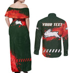 Personalised South Sydney Rabbitohs Rugby Couples Matching Off Shoulder Maxi Dress and Long Sleeve Button Shirt Rabbits Mascot - Sporty Splash Art Style