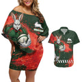 Personalised South Sydney Rabbitohs Rugby Couples Matching Off Shoulder Short Dress and Hawaiian Shirt Rabbits Mascot - Sporty Splash Art Style
