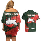 Personalised South Sydney Rabbitohs Rugby Couples Matching Off Shoulder Short Dress and Hawaiian Shirt Rabbits Mascot - Sporty Splash Art Style
