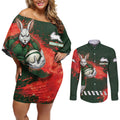 Personalised South Sydney Rabbitohs Rugby Couples Matching Off Shoulder Short Dress and Long Sleeve Button Shirt Rabbits Mascot - Sporty Splash Art Style