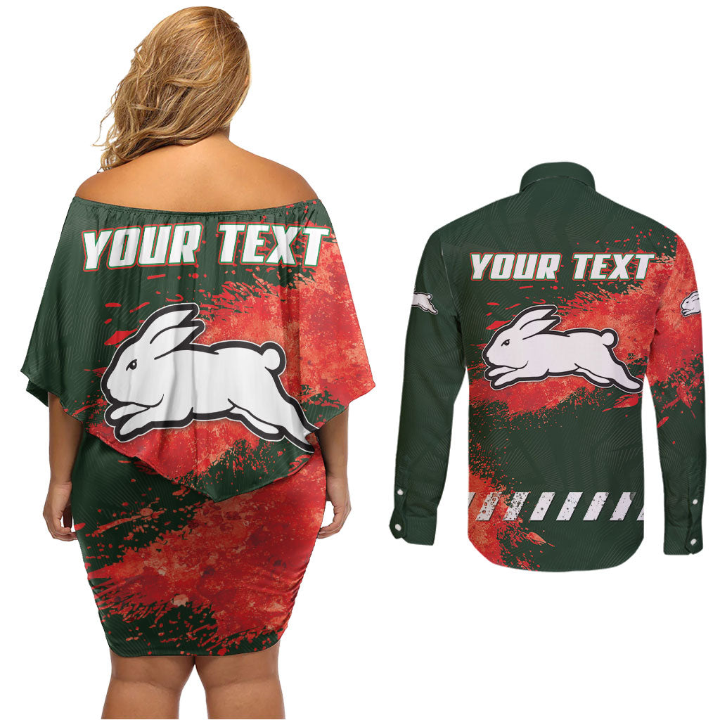 Personalised South Sydney Rabbitohs Rugby Couples Matching Off Shoulder Short Dress and Long Sleeve Button Shirt Rabbits Mascot - Sporty Splash Art Style