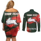 Personalised South Sydney Rabbitohs Rugby Couples Matching Off Shoulder Short Dress and Long Sleeve Button Shirt Rabbits Mascot - Sporty Splash Art Style