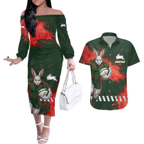 Personalised South Sydney Rabbitohs Rugby Couples Matching Off The Shoulder Long Sleeve Dress and Hawaiian Shirt Rabbits Mascot - Sporty Splash Art Style
