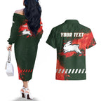 Personalised South Sydney Rabbitohs Rugby Couples Matching Off The Shoulder Long Sleeve Dress and Hawaiian Shirt Rabbits Mascot - Sporty Splash Art Style
