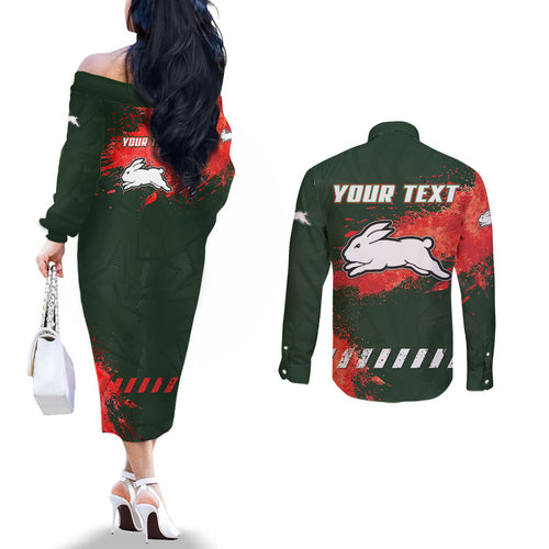 Personalised South Sydney Rabbitohs Rugby Couples Matching Off The Shoulder Long Sleeve Dress and Long Sleeve Button Shirt Rabbits Mascot - Sporty Splash Art Style