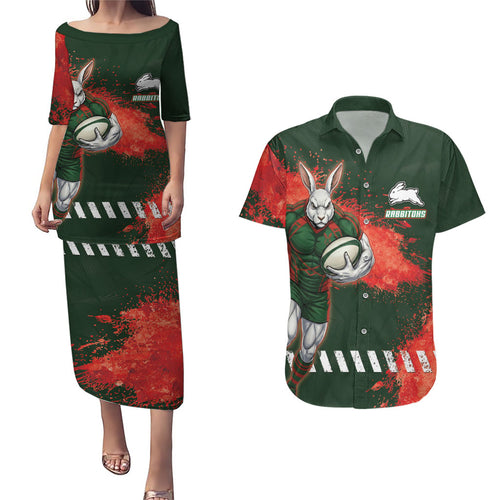 Personalised South Sydney Rabbitohs Rugby Couples Matching Puletasi and Hawaiian Shirt Rabbits Mascot - Sporty Splash Art Style