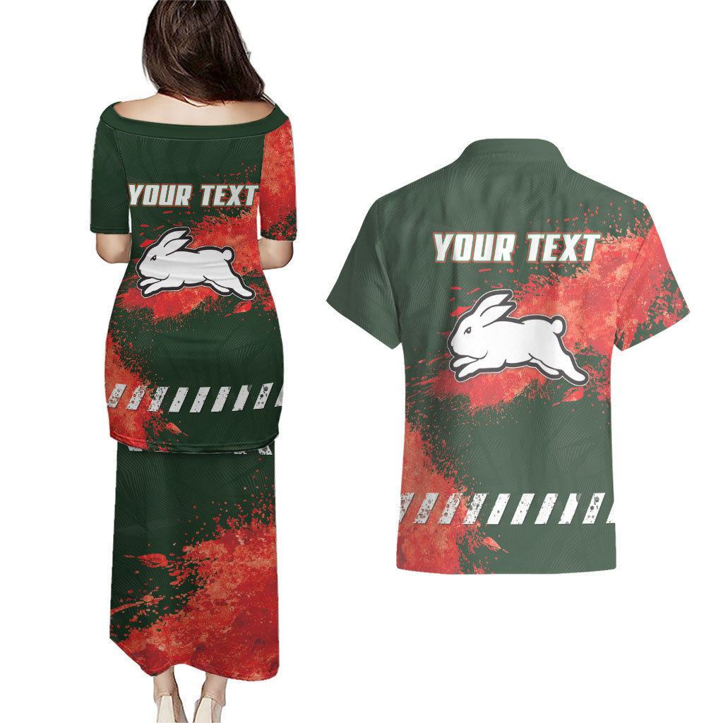 Personalised South Sydney Rabbitohs Rugby Couples Matching Puletasi and Hawaiian Shirt Rabbits Mascot - Sporty Splash Art Style