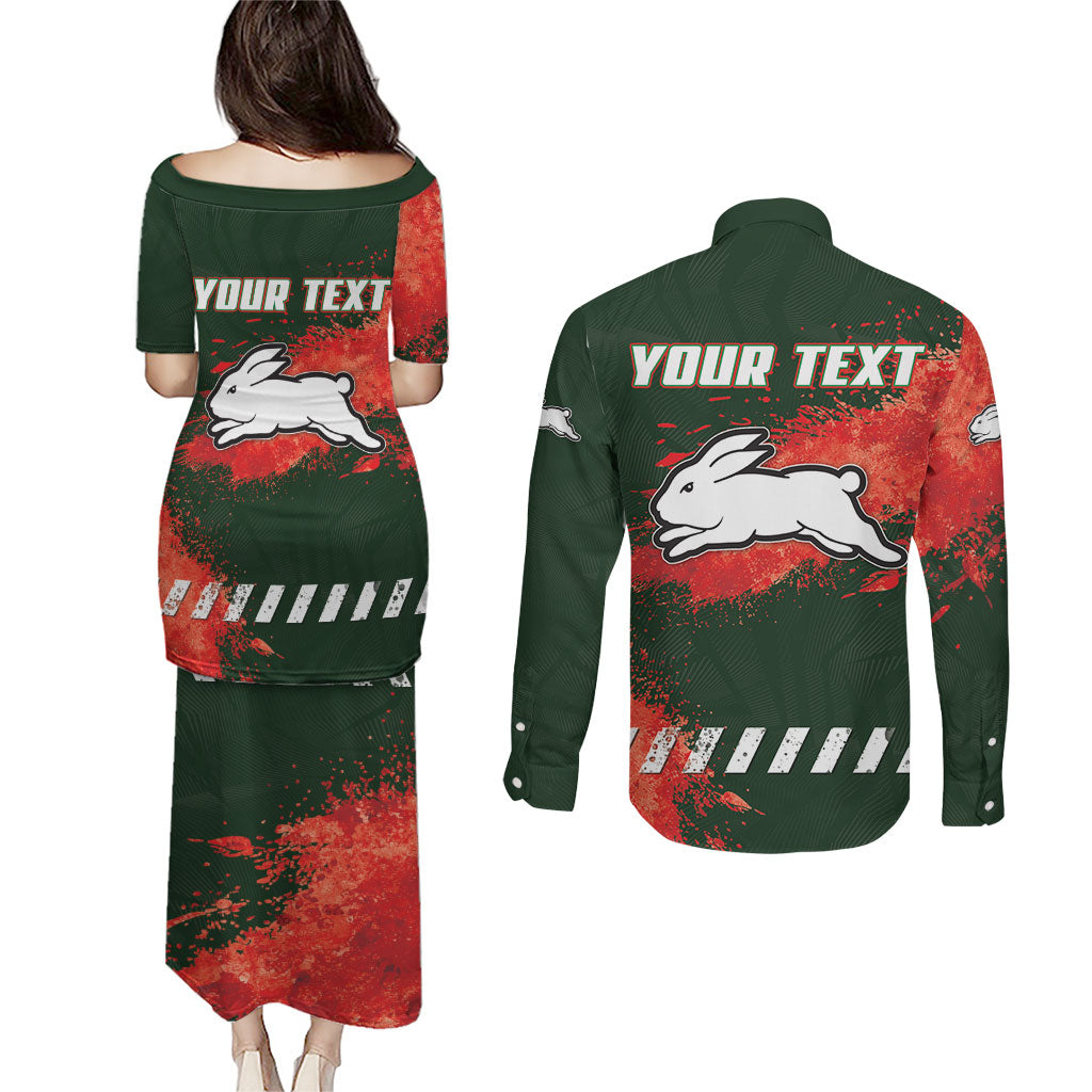 Personalised South Sydney Rabbitohs Rugby Couples Matching Puletasi and Long Sleeve Button Shirt Rabbits Mascot - Sporty Splash Art Style