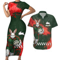 Personalised South Sydney Rabbitohs Rugby Couples Matching Short Sleeve Bodycon Dress and Hawaiian Shirt Rabbits Mascot - Sporty Splash Art Style