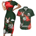 Personalised South Sydney Rabbitohs Rugby Couples Matching Short Sleeve Bodycon Dress and Hawaiian Shirt Rabbits Mascot - Sporty Splash Art Style