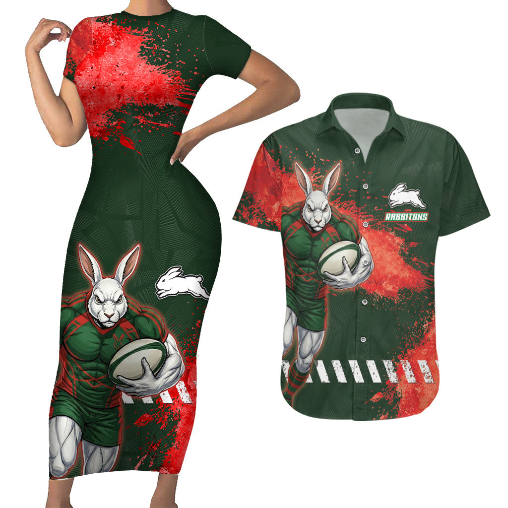 Personalised South Sydney Rabbitohs Rugby Couples Matching Short Sleeve Bodycon Dress and Hawaiian Shirt Rabbits Mascot - Sporty Splash Art Style
