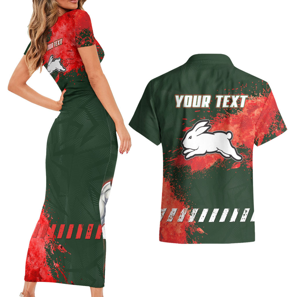 Personalised South Sydney Rabbitohs Rugby Couples Matching Short Sleeve Bodycon Dress and Hawaiian Shirt Rabbits Mascot - Sporty Splash Art Style
