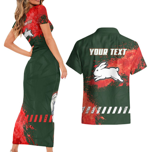 Personalised South Sydney Rabbitohs Rugby Couples Matching Short Sleeve Bodycon Dress and Hawaiian Shirt Rabbits Mascot - Sporty Splash Art Style