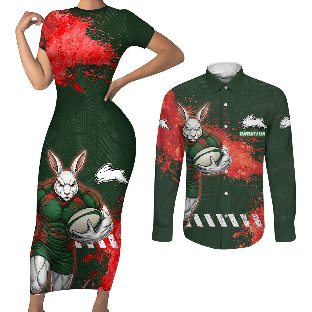 Personalised South Sydney Rabbitohs Rugby Couples Matching Short Sleeve Bodycon Dress and Long Sleeve Button Shirt Rabbits Mascot - Sporty Splash Art Style