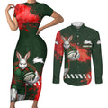 Personalised South Sydney Rabbitohs Rugby Couples Matching Short Sleeve Bodycon Dress and Long Sleeve Button Shirt Rabbits Mascot - Sporty Splash Art Style