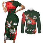 Personalised South Sydney Rabbitohs Rugby Couples Matching Short Sleeve Bodycon Dress and Long Sleeve Button Shirt Rabbits Mascot - Sporty Splash Art Style