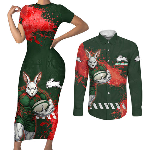 Personalised South Sydney Rabbitohs Rugby Couples Matching Short Sleeve Bodycon Dress and Long Sleeve Button Shirt Rabbits Mascot - Sporty Splash Art Style