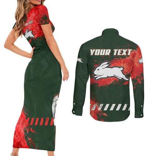 Personalised South Sydney Rabbitohs Rugby Couples Matching Short Sleeve Bodycon Dress and Long Sleeve Button Shirt Rabbits Mascot - Sporty Splash Art Style