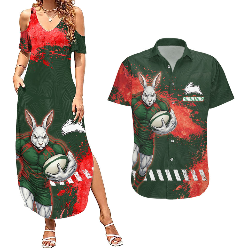 Personalised South Sydney Rabbitohs Rugby Couples Matching Summer Maxi Dress and Hawaiian Shirt Rabbits Mascot - Sporty Splash Art Style