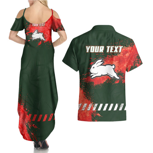 Personalised South Sydney Rabbitohs Rugby Couples Matching Summer Maxi Dress and Hawaiian Shirt Rabbits Mascot - Sporty Splash Art Style