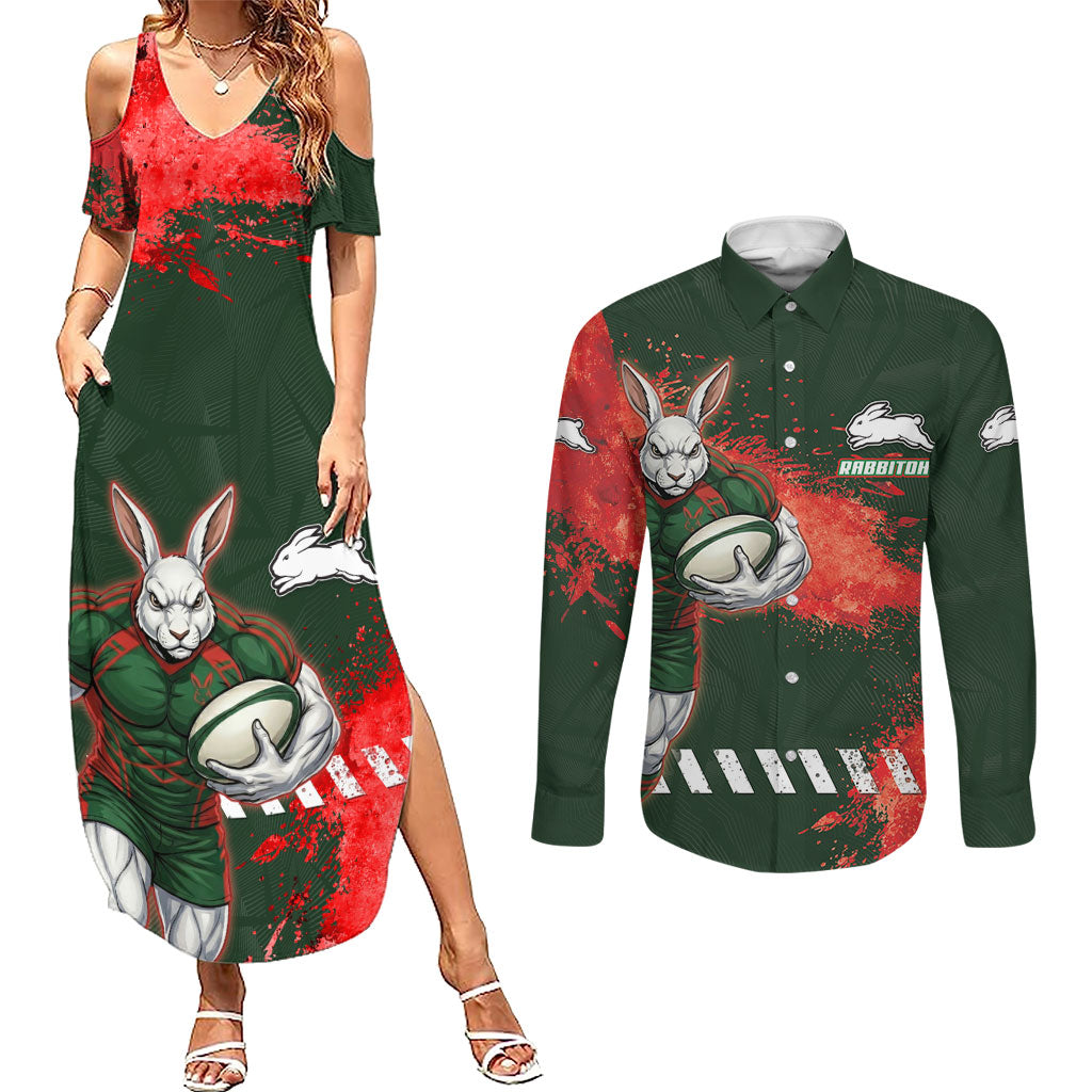 Personalised South Sydney Rabbitohs Rugby Couples Matching Summer Maxi Dress and Long Sleeve Button Shirt Rabbits Mascot - Sporty Splash Art Style