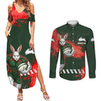 Personalised South Sydney Rabbitohs Rugby Couples Matching Summer Maxi Dress and Long Sleeve Button Shirt Rabbits Mascot - Sporty Splash Art Style