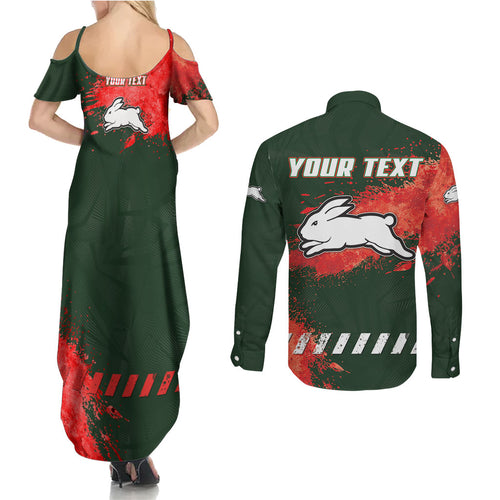Personalised South Sydney Rabbitohs Rugby Couples Matching Summer Maxi Dress and Long Sleeve Button Shirt Rabbits Mascot - Sporty Splash Art Style