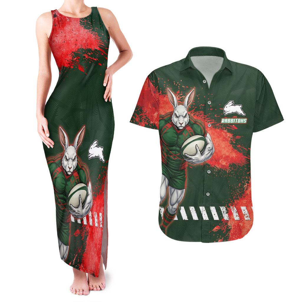 Personalised South Sydney Rabbitohs Rugby Couples Matching Tank Maxi Dress and Hawaiian Shirt Rabbits Mascot - Sporty Splash Art Style
