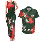 Personalised South Sydney Rabbitohs Rugby Couples Matching Tank Maxi Dress and Hawaiian Shirt Rabbits Mascot - Sporty Splash Art Style