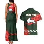 Personalised South Sydney Rabbitohs Rugby Couples Matching Tank Maxi Dress and Hawaiian Shirt Rabbits Mascot - Sporty Splash Art Style