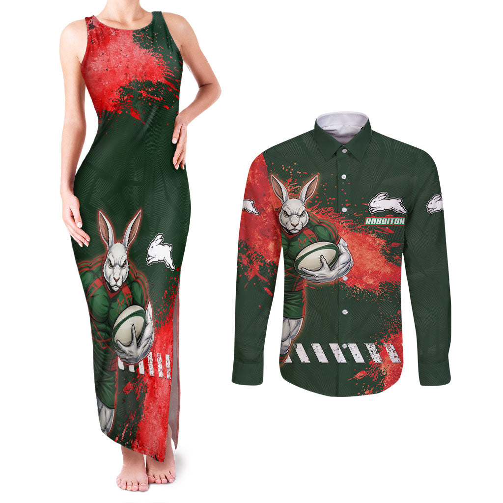 Personalised South Sydney Rabbitohs Rugby Couples Matching Tank Maxi Dress and Long Sleeve Button Shirt Rabbits Mascot - Sporty Splash Art Style