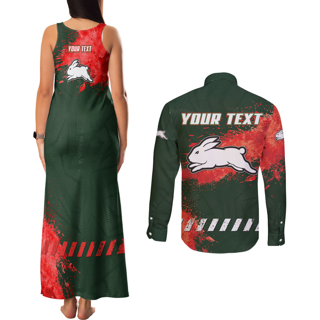 Personalised South Sydney Rabbitohs Rugby Couples Matching Tank Maxi Dress and Long Sleeve Button Shirt Rabbits Mascot - Sporty Splash Art Style