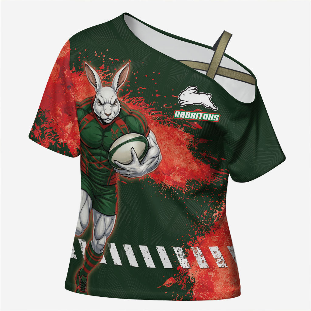 Personalised South Sydney Rabbitohs Rugby Cross Shoulder Shirt Rabbits Mascot - Sporty Splash Art Style