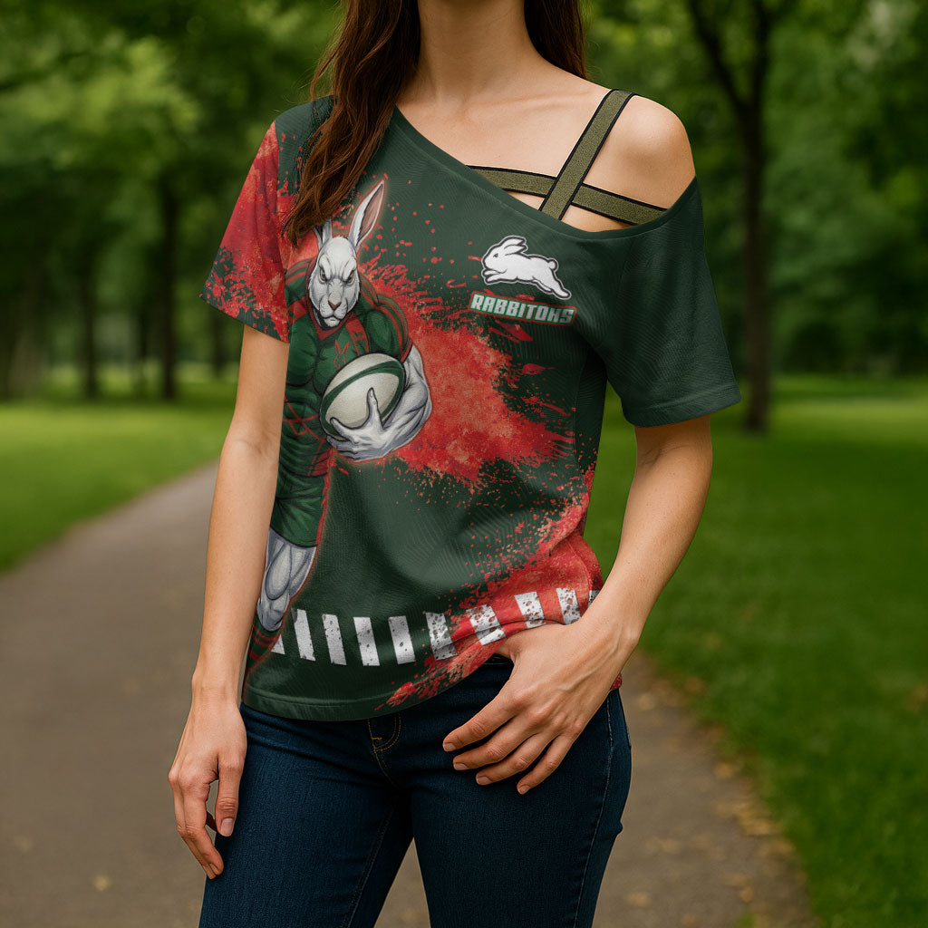 Personalised South Sydney Rabbitohs Rugby Cross Shoulder Shirt Rabbits Mascot - Sporty Splash Art Style