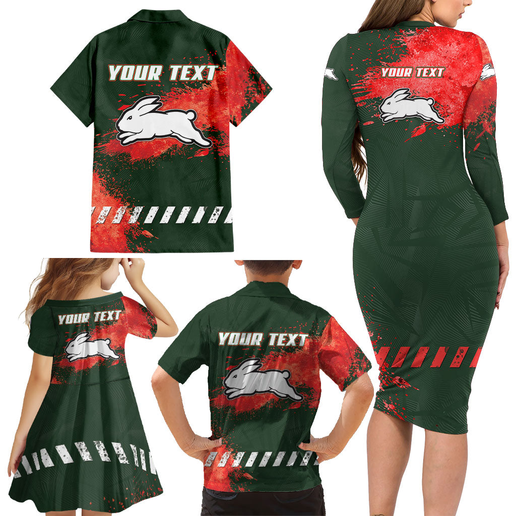 Personalised South Sydney Rabbitohs Rugby Family Matching Long Sleeve Bodycon Dress and Hawaiian Shirt Rabbits Mascot - Sporty Splash Art Style