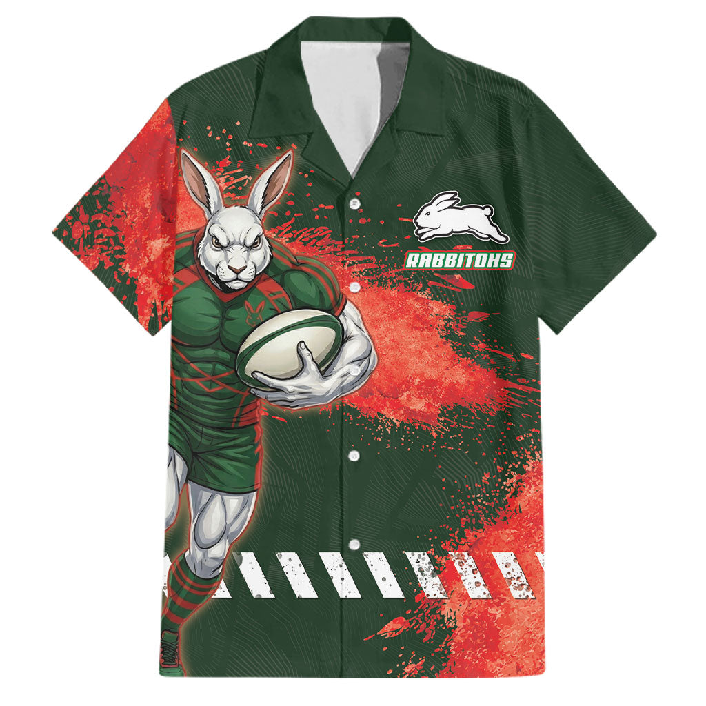 Personalised South Sydney Rabbitohs Rugby Family Matching Long Sleeve Bodycon Dress and Hawaiian Shirt Rabbits Mascot - Sporty Splash Art Style